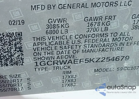 2019 Chevrolet Silverado 1500 Work Truck z USA, uszkodzony, nr VIN 1GCRWAEF5KZ254679